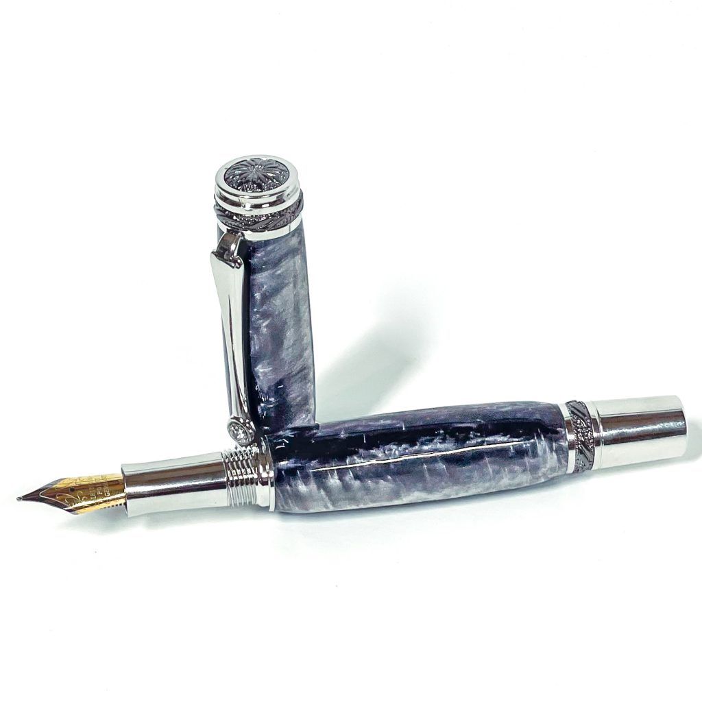 “Crushed Silver” Inlace Acrylester Gentleman’s Fountain Pen--#6 Nib, Medium Tip with Rhodium Trim